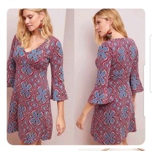 Maeve Anthropologie sweater dress red blue boho bell sleeve retro Xsmall XS